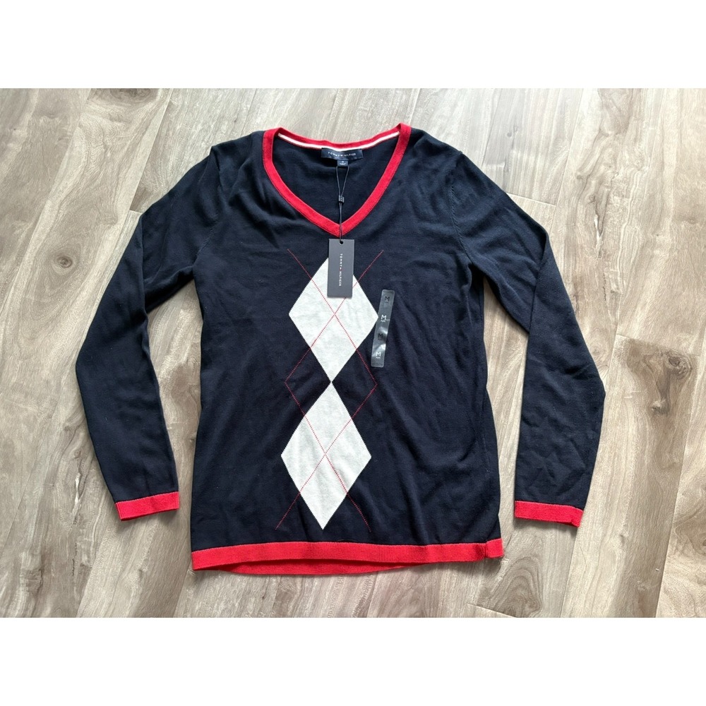 Tommy Hilfiger NWT‎ Women's Medium Argyle V-Neck Sweater Black Red